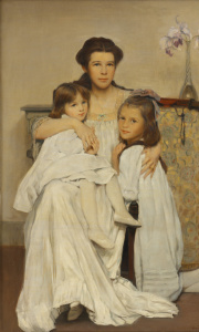 formal portrait of a woman in white dress with brown hair sitting in a chair, with one child in white on her right knee, and another in white standing on her left