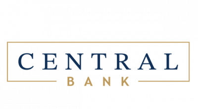 Central Bank logo, the word central in all caps and blue text with a gold border around it and the word bank in all caps and gold text in the bottom line of the border