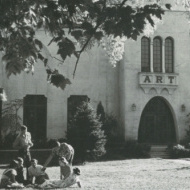 black and white photograph of a group of people standing in front of the north entry of Springville Museum of Art